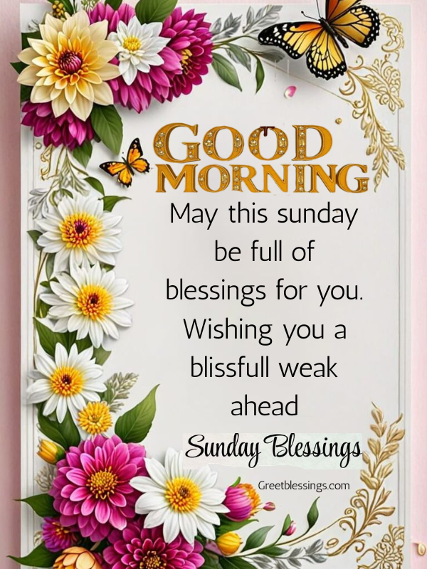 Happy Sunday prayers quote image with floral design wishing blessings and a peaceful week ahead.