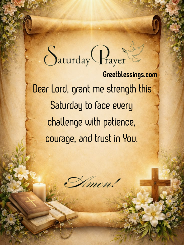 parchment prayer card of happy saturday with faith message and cross