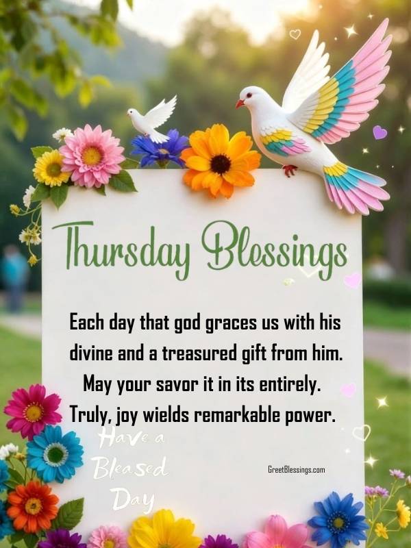 Thursday blessings image with flowers, dove, and blessed day message