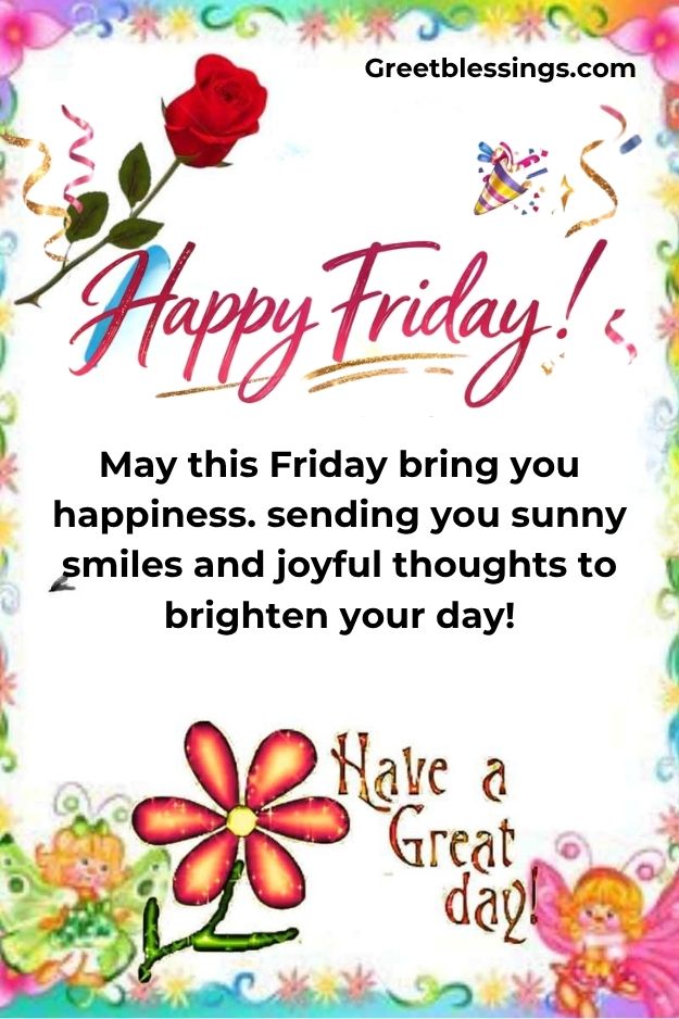 cheerful happy Friday image with rose and joyful message