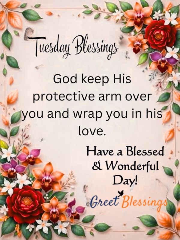 Beautiful good morning Tuesday blessings image with colorful flowers, inspiring faith quote, and peaceful blessing message for a happy Tuesday.