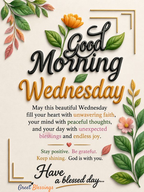 Happy Good Morning Wednesday blessings image with colorful flowers, inspirational quote about faith, peace, positivity, and joyful moments. blessed wednesday, God bless you