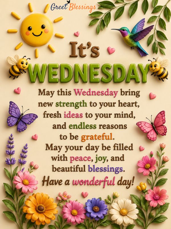 Good morning and happy blessed Wednesday image with colorful flowers, cheerful design, and uplifting blessings quote for a joyful day.