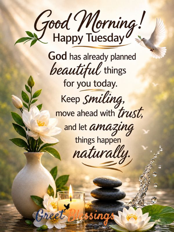 Cute good morning Tuesday blessings image with flowers, dove, candle, peaceful quote, and inspirational morning message