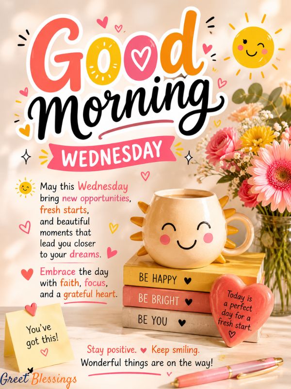 Positive Good Morning Wednesday blessings image with colorful typography, cute floral design, and uplifting quotes for a cheerful start to the day. blessed wednesday, Have a blessed wednesday