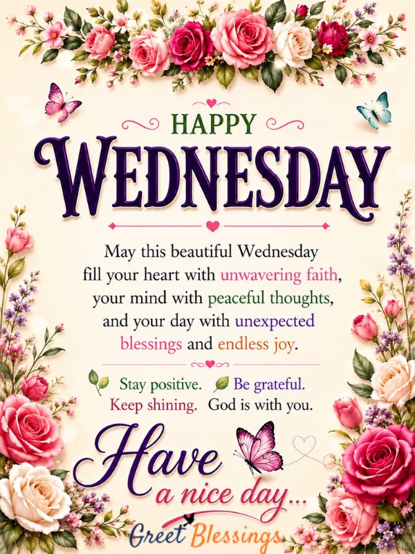 Good morning Wednesday blessings image with floral design and uplifting quote. Blessed wednesday