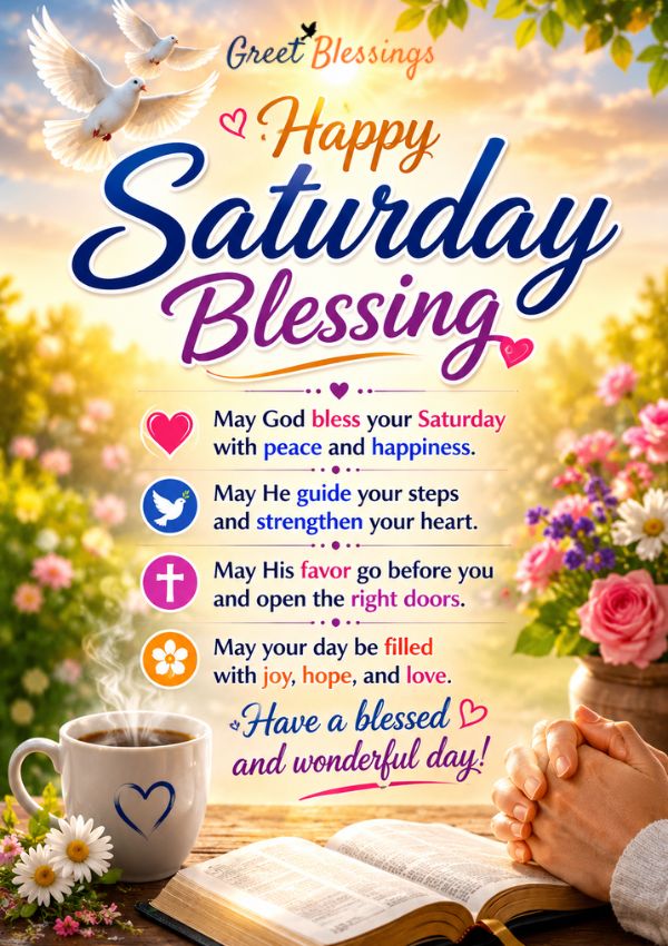 Happy Saturday good morning quotes image with sunrise sky, white doves, coffee cup, open Bible, prayer hands, and peaceful blessing message.