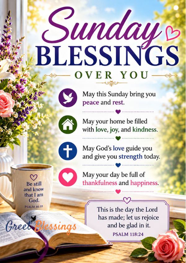 Sunday blessings quotes image with open Bible, coffee cup, flowers, bright morning light, and a peaceful blessing message for joy, faith, and a blessed day.