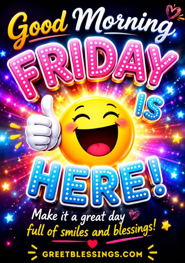 Cheerful Good Morning Friday GIF with smiling emoji, colorful lights, and happy Friday blessing message for a joyful morning.
