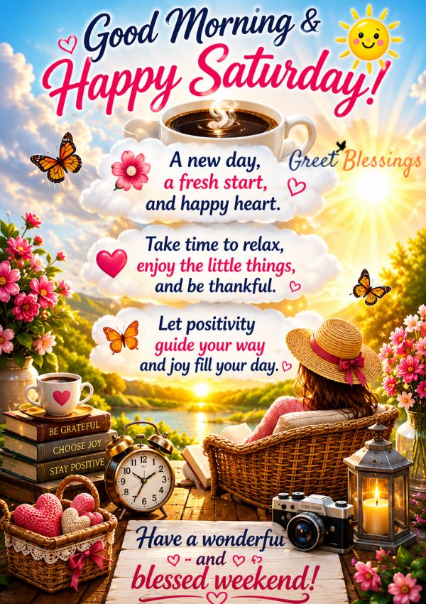 Weekend special Good Morning Saturday image with sunrise view, coffee cup, flowers, cozy outdoor scene, and cheerful Saturday blessing message for a relaxing weekend.