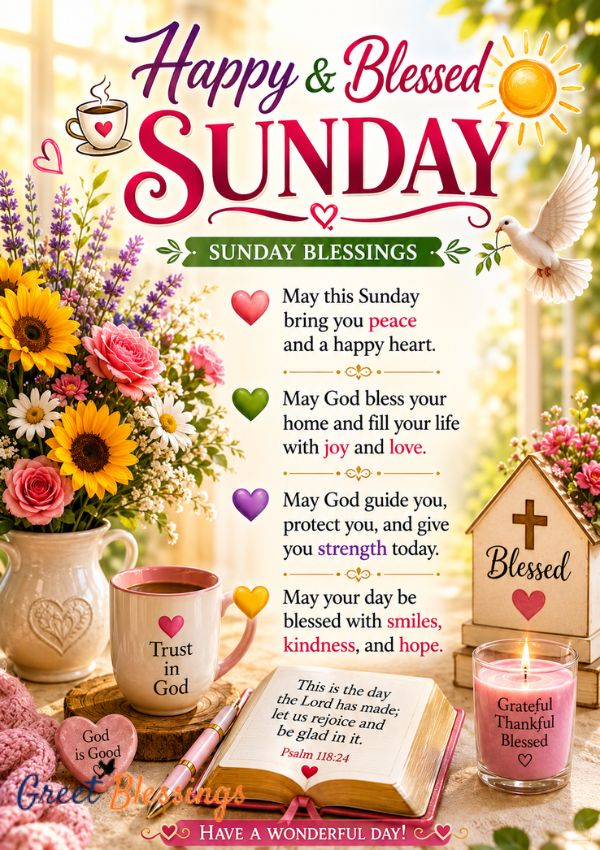happy flowers, coffee cup, dove, and peaceful morning message for faith, hope, and encouragement.