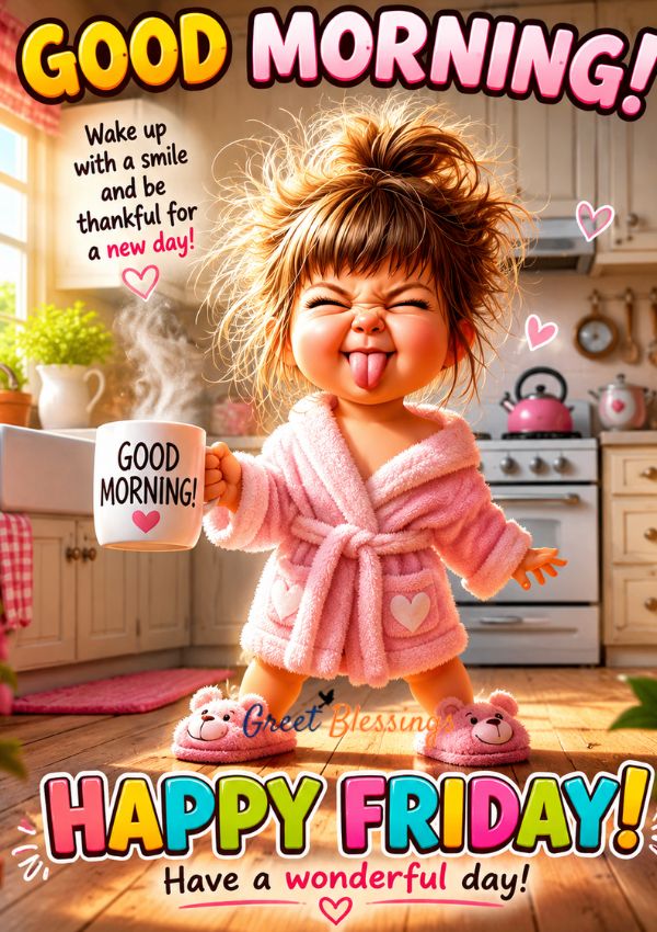 Funny Good Morning Friday meme with a cute messy-hair child holding a coffee mug and wishing a happy Friday in a cozy kitchen.