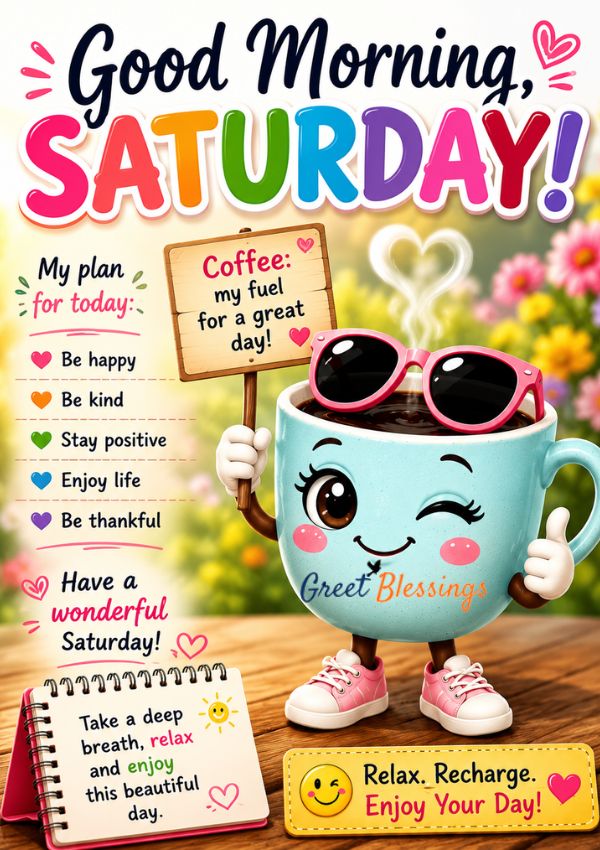 Cute coffee image with a smiling coffee cup, funny weekend coffee..