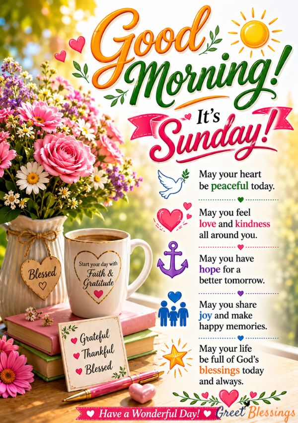 Beautiful Sunday blessings image with Bible verse prayer, flowers, coffee mug, and uplifting quotes for a peaceful, blessed, and faith-filled Sunday morning.
