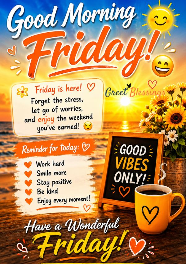 Friday eve image with sunrise beach view, coffee cup, flowers, and cheerful Friday blessing message for a positive day.