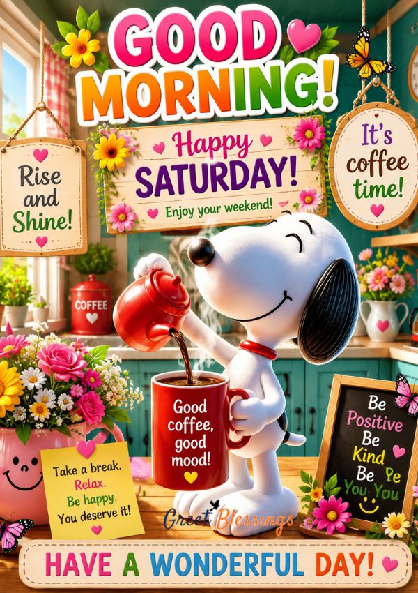 Cute Snoopy enjoying a cup of coffee in a colorful kitchen with Good Morning Happy Saturday wishes, flowers, butterflies, and cheerful weekend blessings.