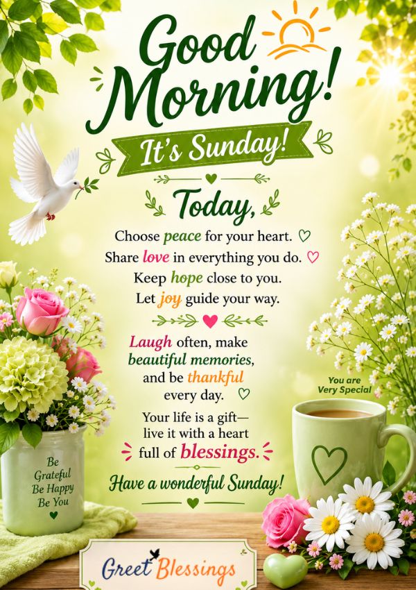 Beautiful Good Morning Sunday blessings image with flowers, a dove, coffee mug, and inspiring quotes about peace, love, hope, joy, and gratitude for a blessed Sunday.