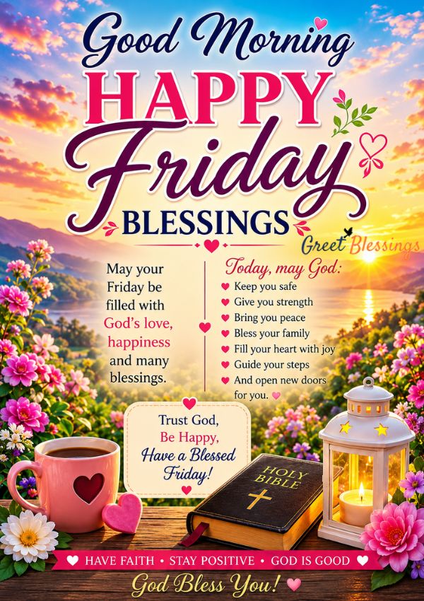 Beautiful Good Morning Friday Blessings image featuring a sunrise, coffee cup, flowers, and uplifting prayers for peace, joy, faith, and God's blessings.