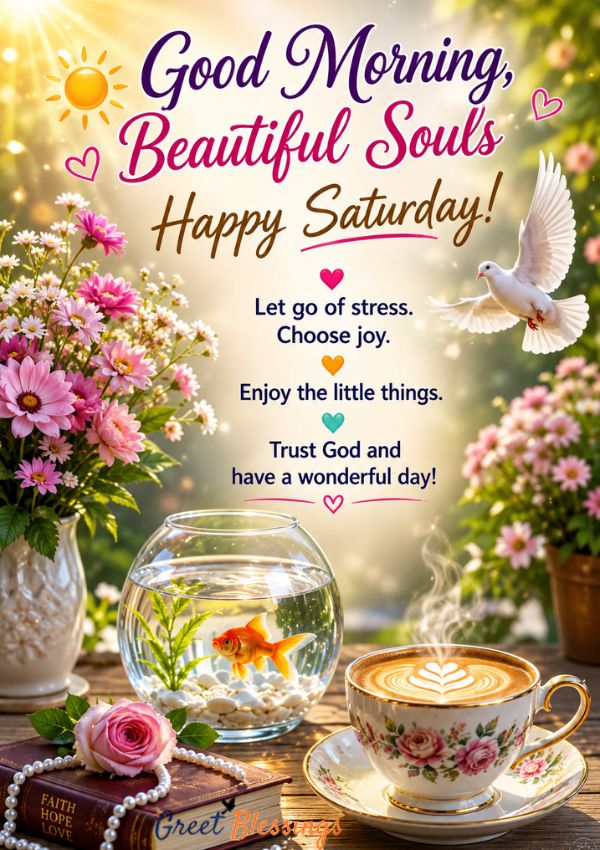 Good Morning Happy Saturday image with peaceful sunrise, coffee cup, flowers, soft light, and an inspiring Saturday blessing message.