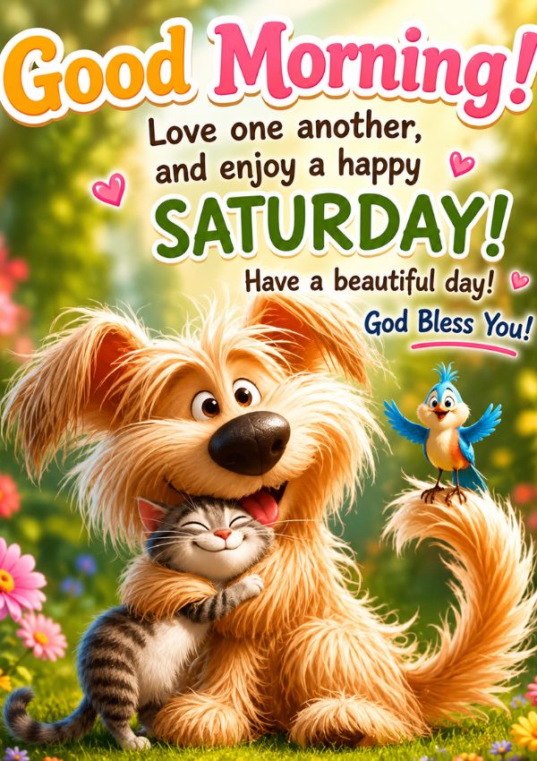 meme featuring a cute dog hugging a smiling kitten with a cheerful bird, colorful flowers, and happy weekend blessings in a bright garden scene.