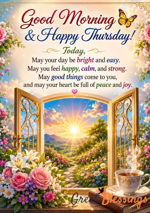 Beautiful Good Morning and Happy Thursday message image featuring a sunrise view, blooming flowers, coffee cup, and uplifting Thursday blessings.