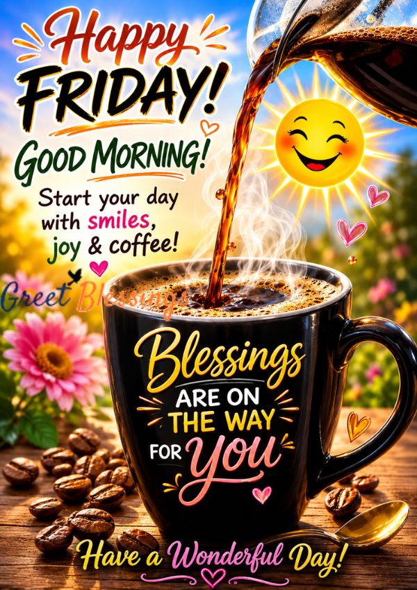 Friday coffee image with hot coffee pouring into a black cup, smiling sun, bright flowers, and a happy Friday blessing message.
