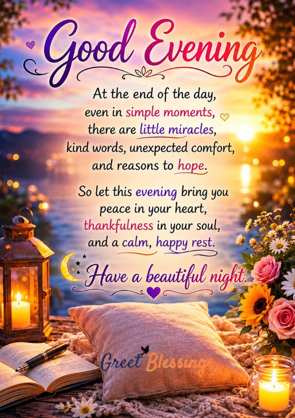 Heartfelt Good Evening Blessings Quotes image with a peaceful sunset, glowing candles, flowers, cozy pillow, and an inspiring evening blessing for peace, hope, gratitude, and restful sleep.
