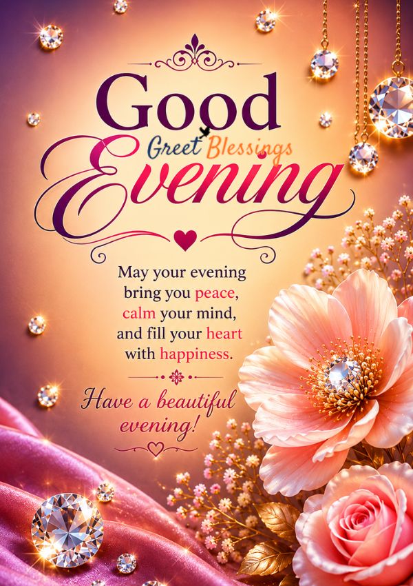 Happy Good Evening image with elegant flowers, sparkling golden decorations, and a heartfelt evening blessing wishing peace, happiness, calm, and a beautiful evening.