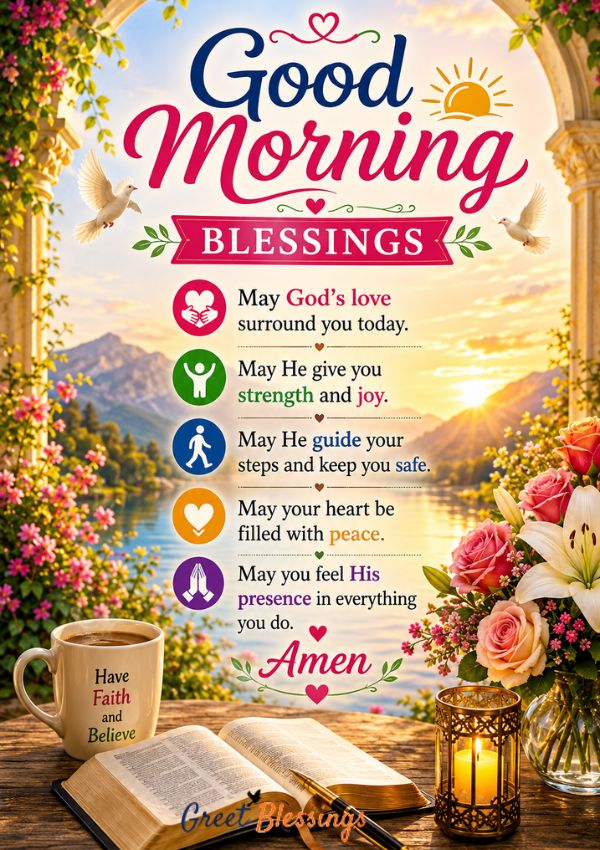 Beautiful Good Morning blessings image with a sunrise, flowers, Bible, coffee cup, and an inspiring prayer asking God for peace, strength, joy, and hope.