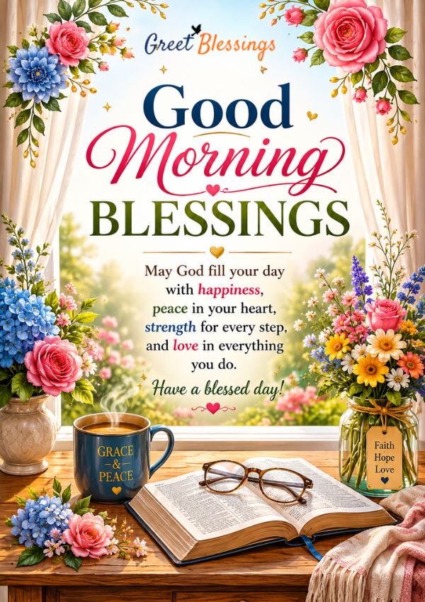 Beautiful Good Morning blessings image with flowers, a Bible, coffee cup, and an uplifting prayer asking God to fill the new week with peace, joy, strength, and hope.