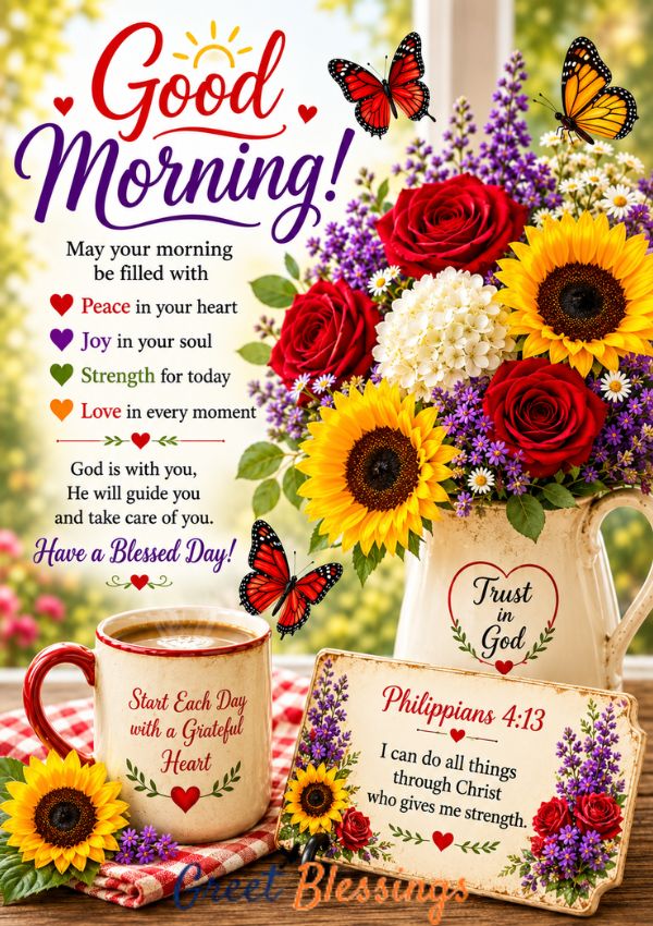 Beautiful good morning blessings image with colorful flowers, a coffee mug, Philippians 4:13 Bible verse, and an uplifting message about God's peace, joy, strength, and love.
