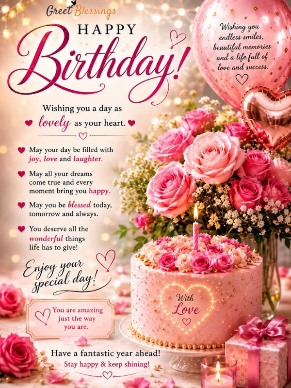 Happy birthday blessings and wishes for a friend with pink roses, balloons, cake, and heartfelt messages.