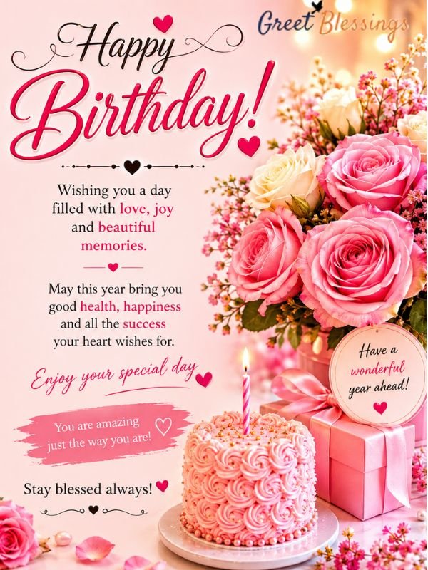 Beautiful birthday wishes for sister and family with pink roses, a birthday cake, gift box, and heartfelt messages.