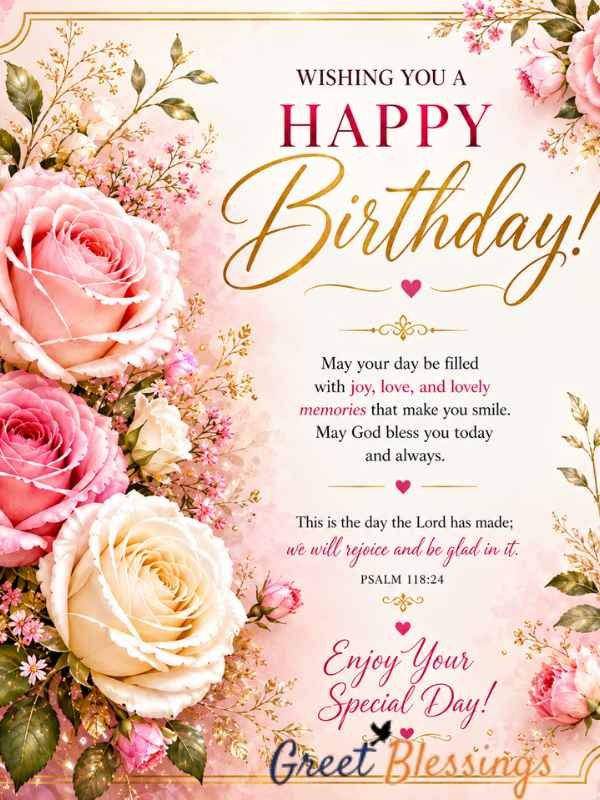 Elegant happy birthday blessings with pink roses and a heartfelt birthday message.