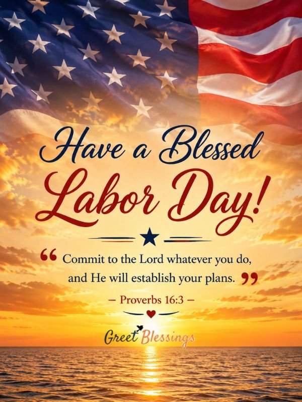 Blessed Labor Day wishes with an American flag and sunset over the ocean