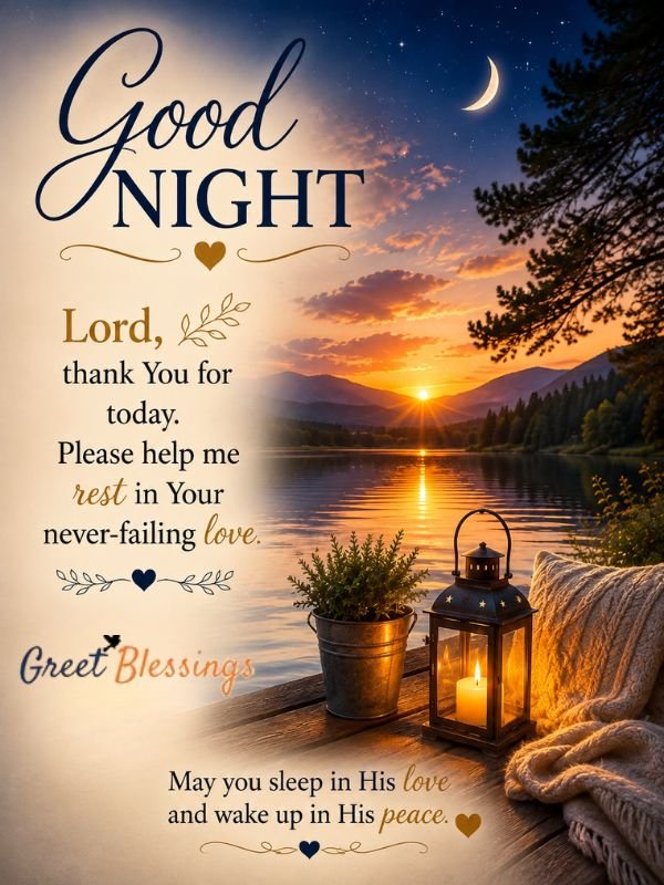 Delightful good night blessings with a peaceful prayer, candle, flowers, and Bible verse.