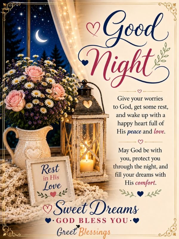 Beautiful spiritual good night blessing with a peaceful moonlit scene, flowers, glowing lantern, and a prayer for God’s peace, love, and protection.
