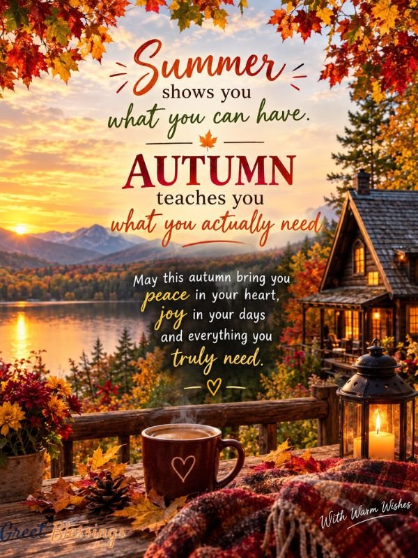 Cozy autumn cabin by a lake with fall leaves, a warm mug, and heartfelt fall wishes for loved ones.