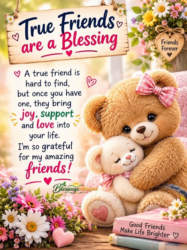 Cute teddy bear and bunny with flowers and a friendship blessing quote for cherished friends.