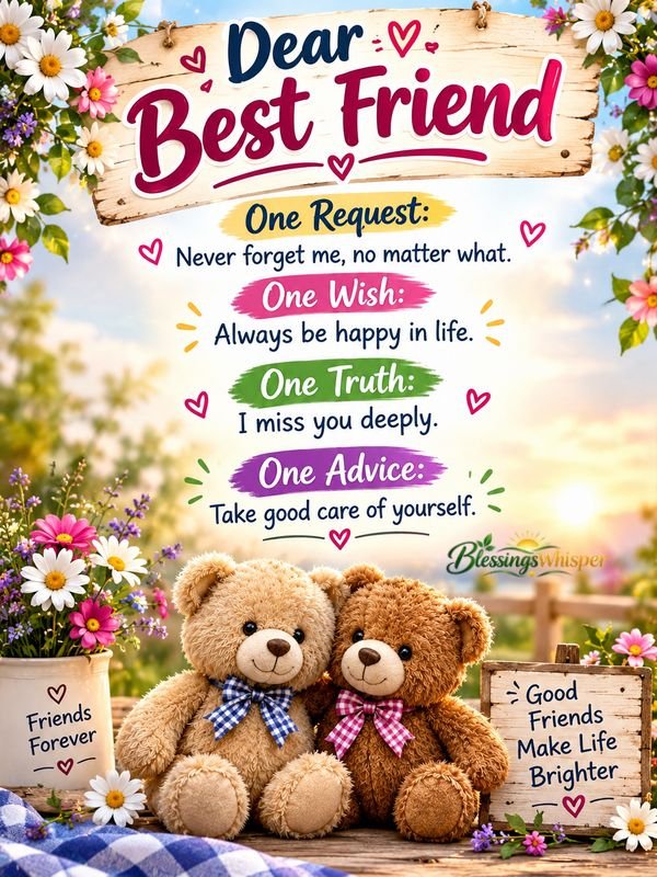 Heartfelt friendship quotation with a picture of two best friends, flowers, and a warm outdoor scene.