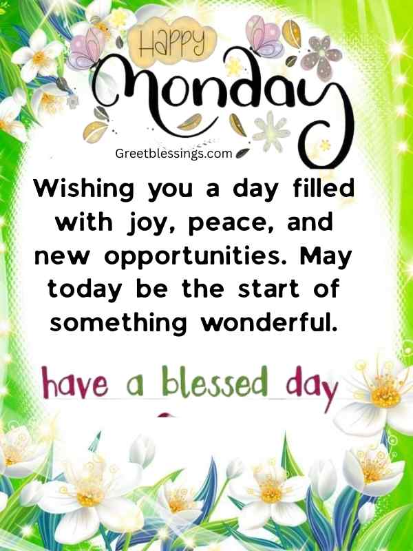 Happy Monday reflection with floral design and positive message for a joyful and peaceful day! Have a blessed Monday!