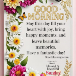 Good morning Sunday blessings quote image with flowers and butterflies wishing a happy blessed Sunday.