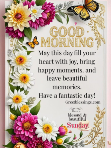 Good morning Sunday blessings quote image with flowers and butterflies wishing a happy blessed Sunday.