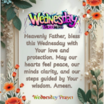 Wednesday blessings prayer image with colorful text and floral frame asking Heavenly Father for love, protection, peace, and wisdom. 🌸