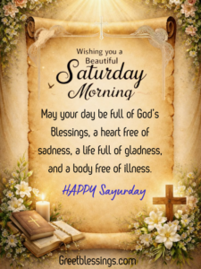 vintage style morning card with peaceful and happy saturdays messages