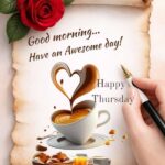 Good morning Thursday wishes image with rose, coffee cup, and happy message