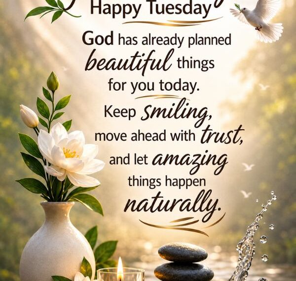 Cute good morning Tuesday blessings image with flowers, dove, candle, peaceful quote, and inspirational morning message