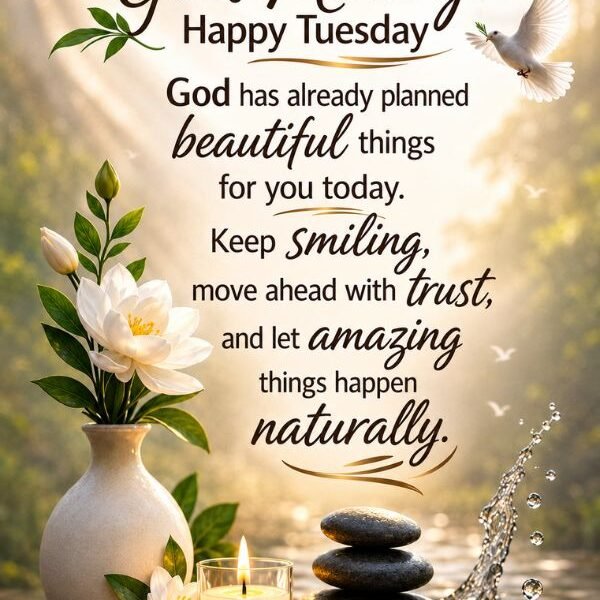 Cute good morning Tuesday blessings image with flowers, dove, candle, peaceful quote, and inspirational morning message