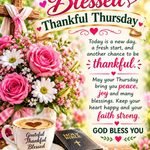 Beautiful Thursday blessings image with pink flowers, a Bible, coffee cup, and a thankful message.