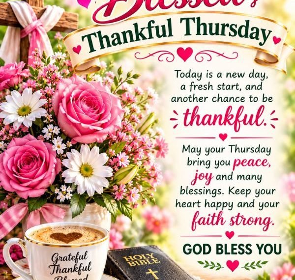 Beautiful Thursday blessings image with pink flowers, a Bible, coffee cup, and a thankful message.